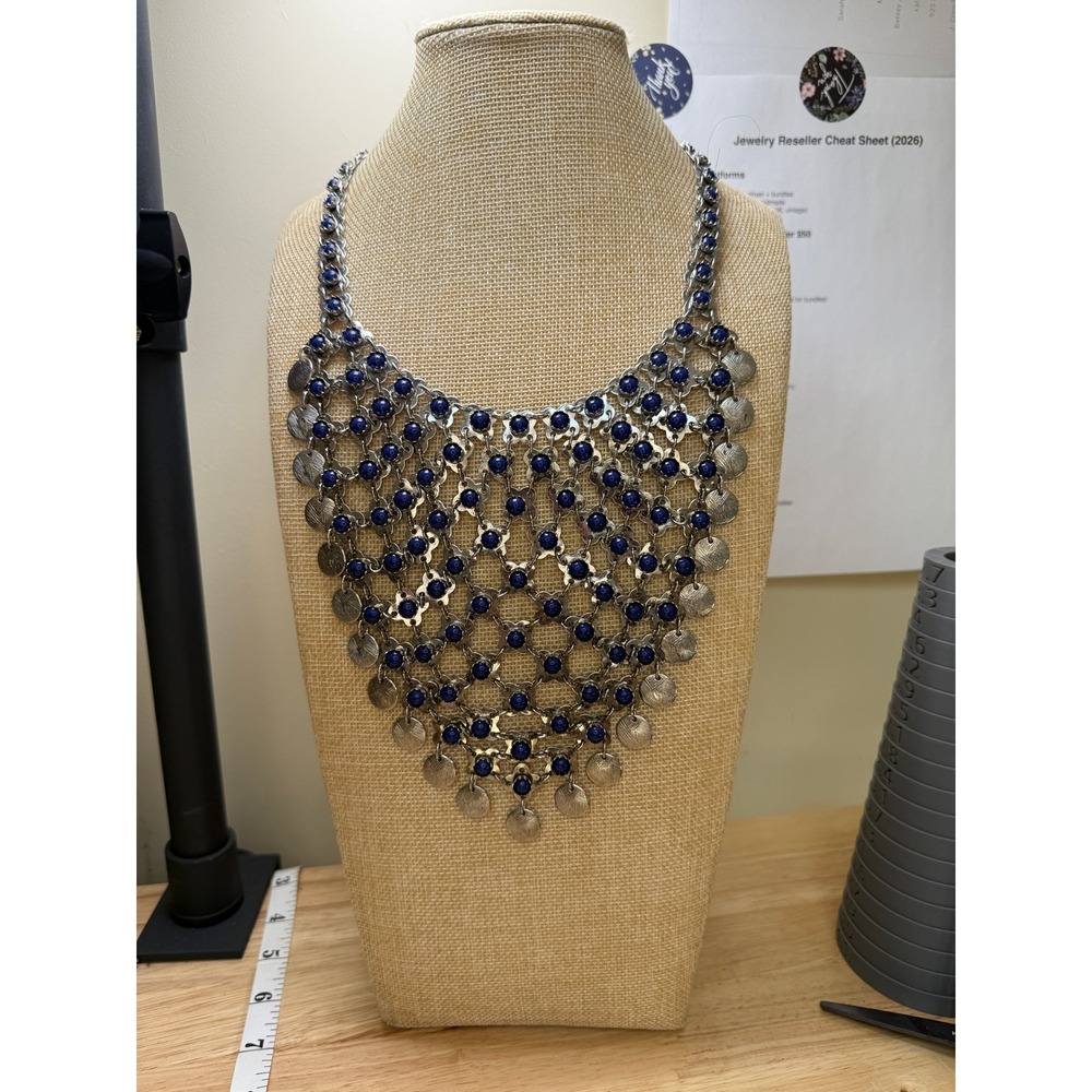 Chico's Bib Necklace Blue Silver‎ Tone Statement Bohemian Draped Mesh